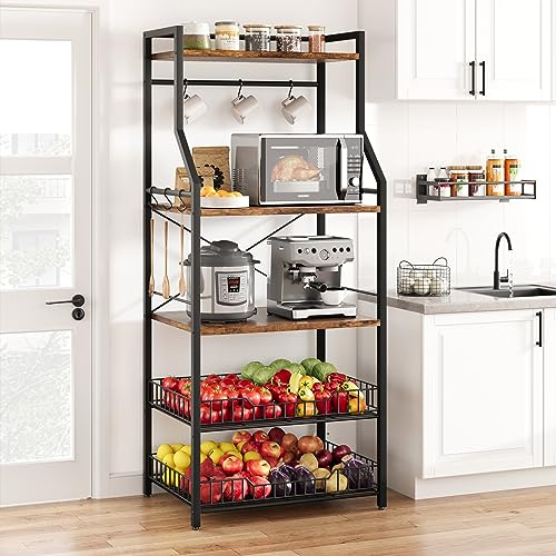 Hitmeuble Estantería de cocina retro – Soporte para microondas y estación de café con 2 cestas cableadas y 8 ganchos (5 niveles, marrón vintage)