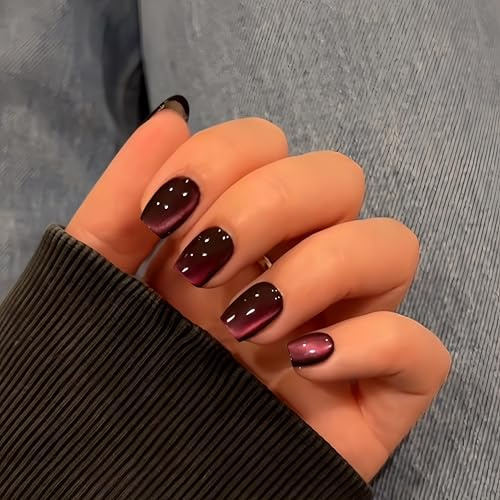 SXVME Pink Cat Eye Press on Nails Short, 30 Pcs Black False Nails Square, Sparkly Glitter Fake Nails Press on Short, Reusable Chrome Soft Gel Glue on Nails for Women Small Sizes