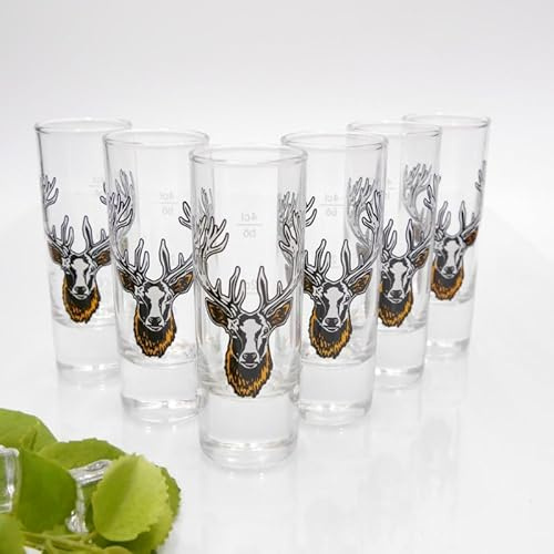 Set di 6 bicchieri da liquore – Design a testa di cervo – 6,5 cl con 2 cl & 4 cl – Tacca taratura – A scelta pura o colorata – Idea regalo per feste e amici, uomini e donne, cervo criniera GTK27.30.45