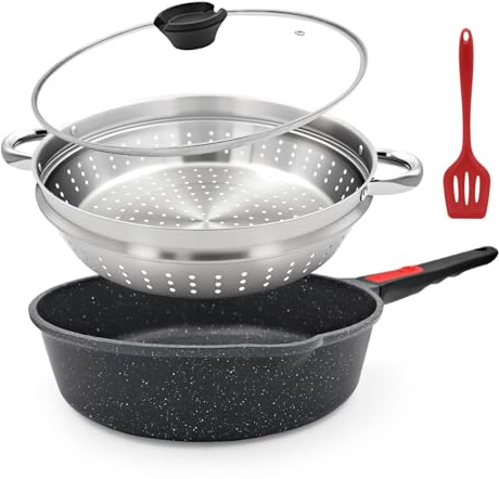 Bobikuke Pfanne 28cm mit Deckel, 4-Teiliges Set Antihaft Pfanne - (Bratpfanne Sauteuse mit Deckel, Dampfgarer, Silikonspatel), mit Abnehmbarem Griff, Ofenfest, PTFE & PFOA frei (Schwarz)