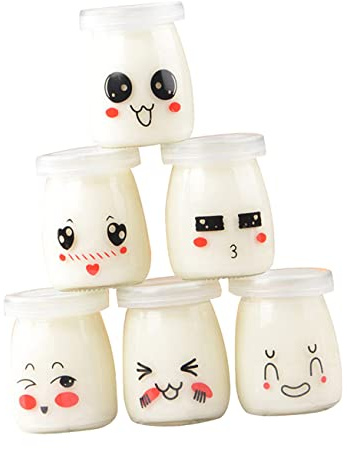 Hemobllo Set 6 Vasetti Di Yogurt in Vetro 150 Ml Per Dessert e Budino, Bottiglie Di Budino in Vetro Resistenti Al Calore Espressioni Facciali, Barattoli Per Dolci Superficie Liscia Facili Da Pulire