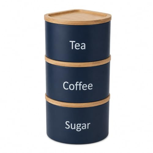 EHC Tea Coffee Sugar Canister Set, Set of 3 Stackable Kitchen Canisters Sets, Airtight Jars Easy Open Corner Space Saving Design, Navy Blue