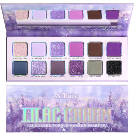 Afflano Multichrome Purple Eyeshadows Palette Lavender, Matte Shimmery Lilac Eye Shadow Pallet Highly Pigmented Blendable, Duo Chrome Pink Violet Eyeshadow for Daily Goth Smokey Christmas Eyes Makeup