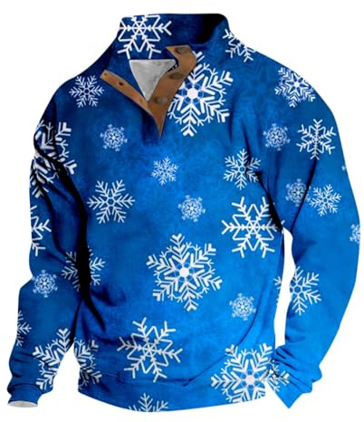 Herrtröjor jultröjor roliga snöflingor tryckta män jumper knapp upp krage polotröjor långärmad tröjor jul högtid tröja vinter herrkläder, En blå, L