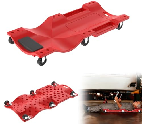 Suusolny 92x43x11,5cm Montagerollbrett KFZ Werkstattliege 150 kg 6 Rollen KFZ Rollbrett Werkstatt mit Kopfstütze Werkzeugfach Rollliege Auto Reparatur Montageliege