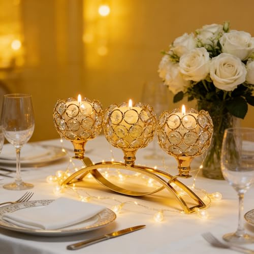 3 Arms Crystal Candle Holders, Arch Candlestick Table Candelabras Centerpieces for Wedding, Dining Room, Cabinet Ornaments, Home Decoration, Gold