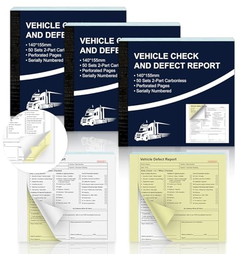 3 Pack Vehicle Check and Defect Report Books 2 Part 50 Sets Carbonless Duplicate Pages Continuous numbering Car Service Booklet for HGV LGV PCV Trucks Van Lorries 250gsm Paper Cover 140 x 155mm