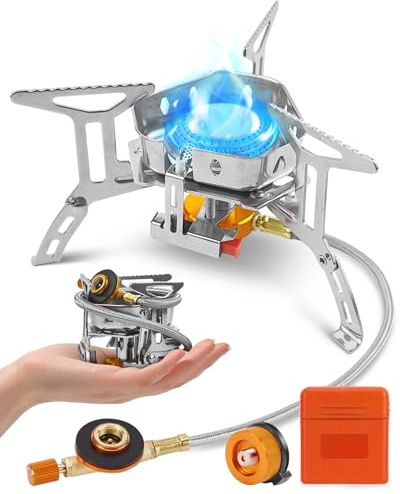 Réchaud de camping 3900 W, portable, coupe-vent, avec allumage piézo, réchaud à gaz pliable avec adaptateur, pour randonnée, trekking, pique-nique, cuisine, extérieur
