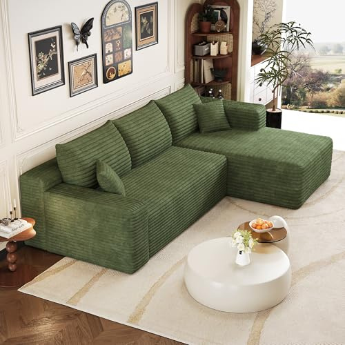 Sapgaks - Sofá esquinero de 241 cm, sofá de 3 plazas de pana con asiento profundo y ángulo integrado, sofá convertible modular, chaise longue orientada a la derecha, verde