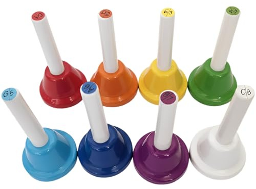 Handglocken-Set mit 8 Noten, buntes Musikinstrument für junge Musiker, frühkindliche Bildung, Orff-Percussion, Farbkognitions-Lehrhilfe, fördert die Hand-Augen-Koordination, mit sicherem