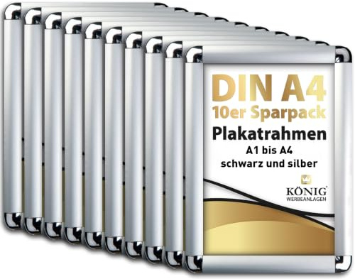 Dreifke 10 Plakatrahmen DIN A4 | abgerundete Ecken | 25mm Alu Profil, silber | inkl entspiegelter Schutzscheibe | Alu Klapprahmen Wechselrahmen Posterrahmen | 10er Sparpack