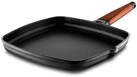 CASTEY - Grill Asador de Inducción, 22 cm, Modelo 5-P22, Mango de Madera de Cedro, Sartén Antiadherente de Aluminio, Distribución Homogénea del Calor, Fácil de Limpiar