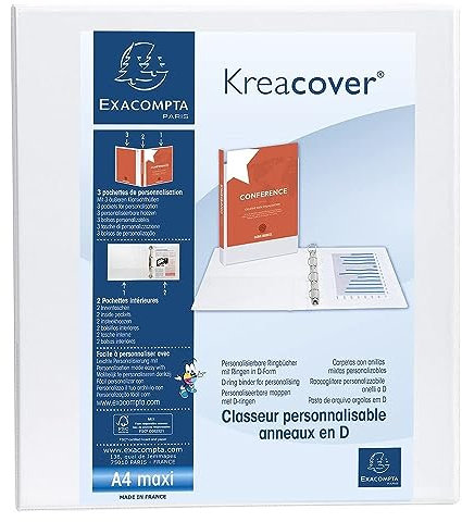 Exacompta 51843E Präsentationsringbuch KreaCover aus blickdichtem Kunststoff für DIN A4, 4-D Ring Mechanik 40 mm, Rücken 64 mm, weiß ideal für Schule und Büro Ringhefter Ringordner Ringbuchordner
