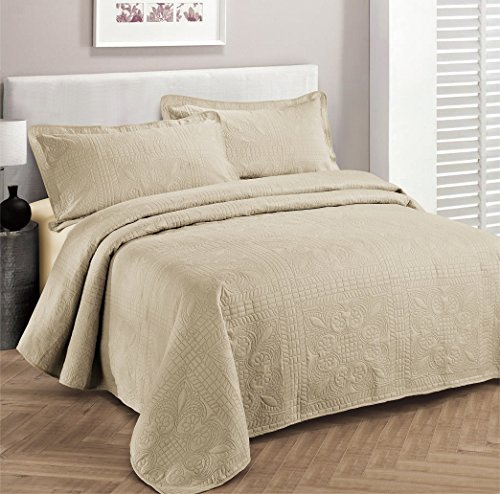 Fancy Collection 3-teiliges Luxus-Tagesdecken-Set mit geprägtem Bettbezug, einfarbig, beige, Übergröße, 300 x 270 cm, King/California King