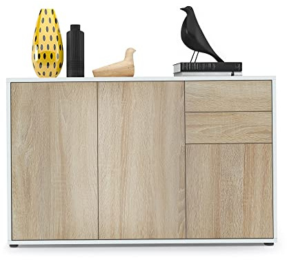 Vladon Sideboard Ben V3, Kommode mit 3 Türen und 2 Schubladen, Weiß matt/Eiche Sägegrau (117 x 74 x 36 cm)