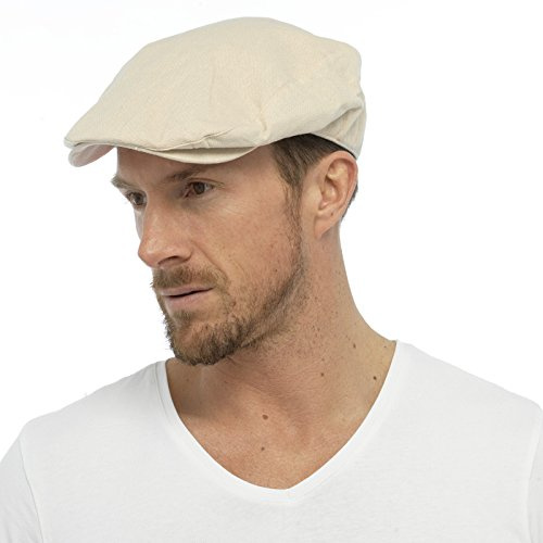 Mens Cotton Linen Fabric Flat Cap Hat Lined Summer Sun Peak Washable Stone L/XL