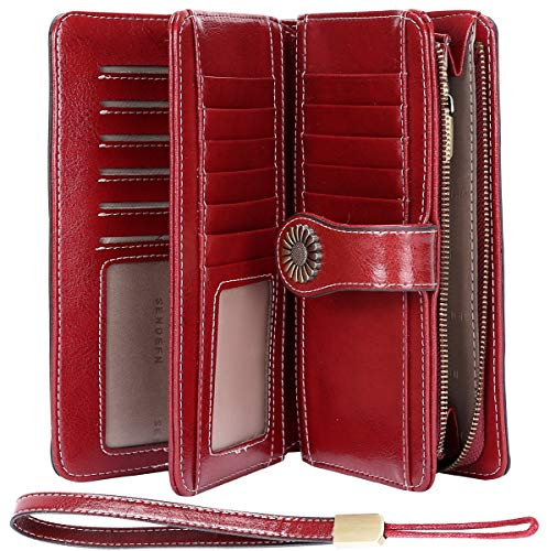 TEUEN Geldbörse Damen Leder Gross Geldbeutel Damen Groß Viele Fächer mit 24 Kartenfächer Lang Portemonnaie Frauen RFID Schutz Damen Portmonee Leder mit Handyfach und Reißverschluss (Rot)