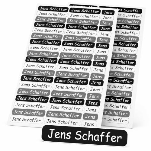 INDIGOS UG - Namensaufkleber Kinder Schule - 54 Namensschilder selbstklebend Mini - schwarz/weiß - 40x6mm - Aufkleber selbst gestalten - personalisiert mit Wunschtext - für Kindergarten, Sport