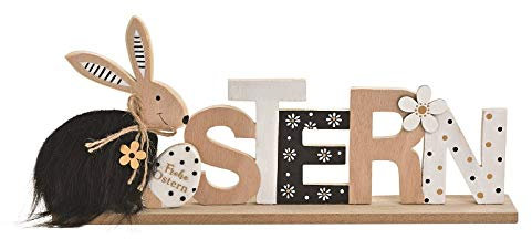 Miss Lovely Oster-Deko Schriftzug Schild Ostern aus Holz schwarz weiß & Natur mit Oster-Hasen Oster-Schmuck Figur Osterfest Dekoration - Frühlings-Deko - Aufsteller