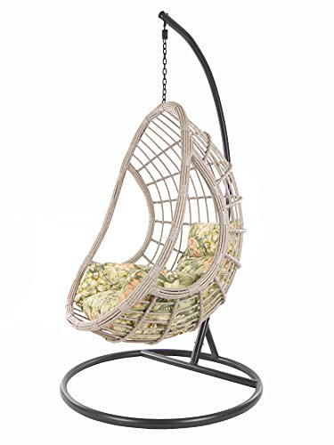 KIDEO Korbsessel: XXL Hängesessel mit Gestell & Kissen, Poly-Rattan, grau-beige (Kissen: Nest floral [5101 Tropical Garden])