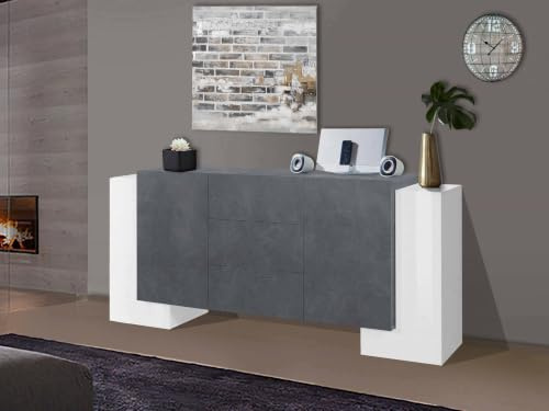 Dmora - Kommode Fabio, Küchen-Sideboard mit 2 Türen und 3 Schubladen, Wohnzimmer-Buffet, Küchen-Sideboard, 100 % Made in Italy, 210 x 45 x 85 cm, glänzendes Weiß und Schiefer