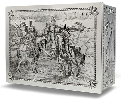MediMuc große Kreuzritter Truhe - wunderschöne große Aufbewahrungsdose mit mittelalterlichen Ritter Motiven - Keksdose - Maße: (Länge x Breite x Höhe): 31,0 x 23,2 x 13,2cm - Volumen ca. 9,5L