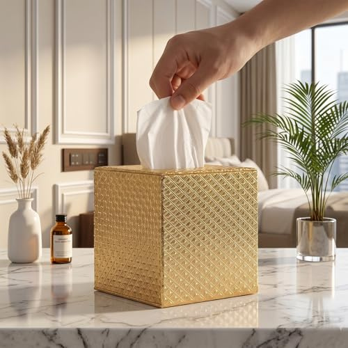 Goldfarbene Taschentuchbox-Abdeckung, quadratisch, Goldfarbene Taschentuchbox-Halter, Taschentuchhalter für Badezimmerzubehör, Badezimmer-Tücherhalter