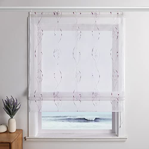 Yujiao Mao Voile Raffrollo mit Streifen Stickerei Design transparente Raffgardine in Küche mit Klettband 1 Stück BxH 100x140cm Violett