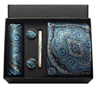 CWKOON Paisley Blue Beige Mens Tie Formal Necktie Pocket Squares Ties Clips Cufflinks Classic for Men Set