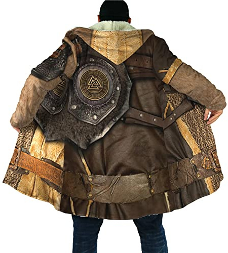 Herren Winter warme Parka Jacke Wikinger Mittelalter Vintage 3D Rüstung Dicker Lammfell gefütterter Mantel Mittellange winddichte Kapuzenjacken (Color : Rune Armor, Size : XXL)