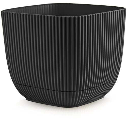 Konzept 11 - Blumentopf klein 1,8 l mit Unterzetzer, quadratischer Übertopf 15 x 15 cm, Pflanzentopf für Zimmerpflanzen aus Kunststoff, Grau