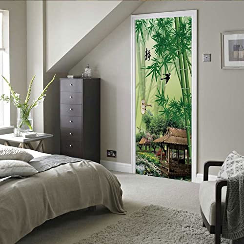 3d tapete selbstklebend 85x215cm(33.46 inches * 84.64 inches) Bambus Holzhaus Kunst Tür Aufkleber 3D Mode Aufkleber Kunst Dekor Wand Fenster Tür Aufkleber abnehmbare Wandplakat