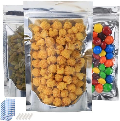 150 paket återförslutningsbara mylar-påsar för matförvaring 15 cm x 22,8 cm stående Ziplock-påsar i bulk återförslutningsbara luktsäkra aluminiumfoliepåsar med klart fönster för köksförvaring med