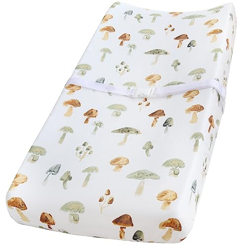 LifeTree Muslin Changing Pad Cover for Baby Girls Boys, 70% Viscose from Bamboo and 30% Cotton, 16x32 Diaper Change Table Pad Covers, Soft Changing Pad Sheets, Mushroom Pattern