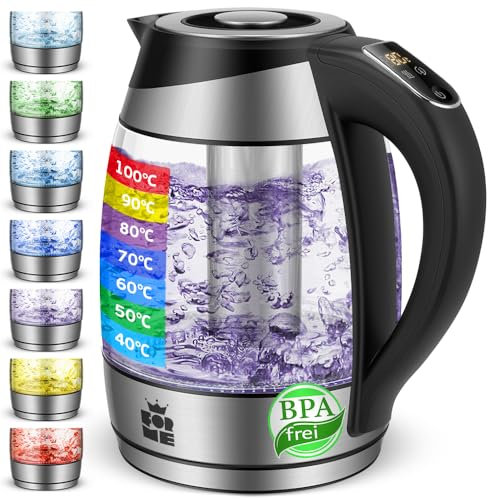 FOR ME Glas Elektrischer Wasserkocher 1,8L, Temperatureinstellung, Temperaturwahl 40°C bis 100°C, 7 Farben LED-Beleuchtung, Warmhaltefunktion, BPA Frei