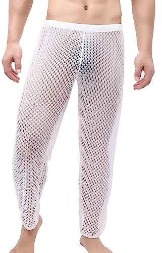 KBOPLEMQ Pantaloni sexy da uomo, a rete, trasparenti, lunghi, da jogging, biancheria intima, in rete, biancheria intima da uomo, in nylon, pantaloni lunghi in rete trasparente, bianco, M