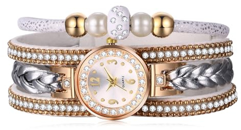 JewelryWe Armbanduhr Damen Böhmisch Retro Strass Glitzer Analog Quarz Beiläufige Uhr Damenuhr mit Geflochten Leder Armband Wickelarmband und Kleeblatt Schlüssel Anhänger