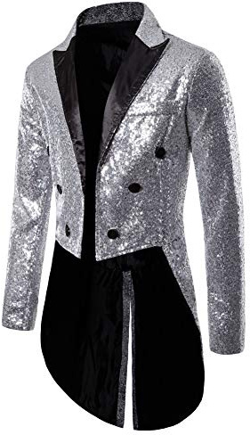 FeMereina Mens Sequin Tailcoat Swallowtail Suit Jacket Tux Dress Coat Slim Fit Tailcoat Dress Coat Swallowtail Dinner Party Wedding Blazer Suit Jacket (Silver#2, S)