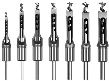 Lot de 7 forets à trous carrés en acier rapide pour menuiserie - 6,4 mm, 8 mm, 9,5 mm, 10 mm, 11 mm, 12,7 mm, 14 mm, 16 mm