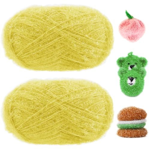 Uiopa Glitter Yarn for Crochet 2 Skeins (2 x 100g, 2 x 200m) Scrubby Yarn Fluffy Polyester Cord for Crocheting Knitting Dishcloths Washcloths Home Decor DIY Crafts (Lemon Yellow)