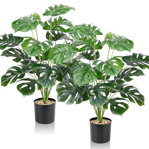Duscdesp Set of 2 Artificial Plants Indoor Decorative Tall Artificial Plants Large Palm Tree Fake Plants Plastic Tree Faux Plants for Indoors Office Home Outdoor Decor (2 Pcs Monstera Large)