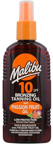 Malibu Sun SPF 10 Bronzing Tanning Oil Spray with Passion Fruit Oil, Medium Protection Tanning Spray, Hydrating Bronzing Body Oil, Tropical Scent, 200ml