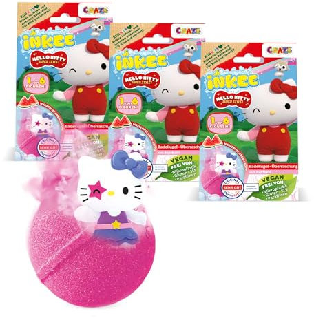 INKEE Hello Kitty 3er Pack - Badebomben Kinder mit Überraschung - 3 von 6 Hello Kitty Figuren zum Sammeln - 3x Badekugeln 80g mit Wassermelone-Aroma und Jojobaöl, Rosa oder Rot