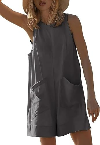 Haibang Combinaison d'été ample pour femme - Salopette courte sans manches - Short décontracté - Pantalon de travail - Jambes larges - Combinaison élégante - Tenue d'été avec poches, gris foncé, XL
