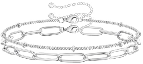 Macachii 2Pcs Gold Bracelets Set for Women 925 Sterling Silver 14K Gold Plated Dainty Layered Paperclip Link & Bead Chain Adjustable Stackable Hypoallergenic Birthday Gifts for Her Wife Mom