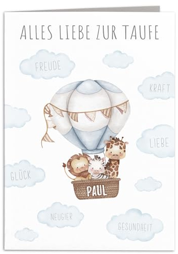 Taufkarte Mädchen Junge personalisiertes Taufgeschenk Heißluftballon Karte Taufe Geschenk Klappkarte mit Umschlag 10,5 x 14,8 cm (Blau)