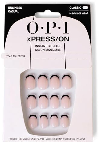 OPI xPRESS-ON Business Casual - Black French Tip Short and Round Shaped Press On Nails - With Nail Glue - Long Lasting, Reusable and Non-Damaging French Tip False Nails
