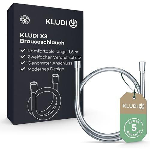 KLUDI-X3 Universal Duschschlauch 1,60 m aus reinigungsfreundlichem Kunststoff, flexibler Brauseschlauch mit doppeltem Verdrehschutz, knickfest, Standard Anschluss, Chrom