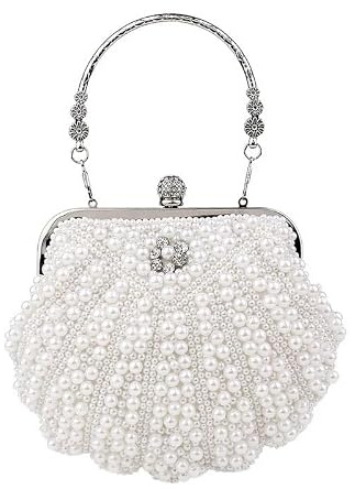 HWJFDC Perlen Tasche Muschel-Perlen-Abendtaschen, Perlen-Clutch-Taschen aus Metall mit Kette, Prom-Hochzeit, Braut-Handtaschen, Geldbörse(YM3101white)