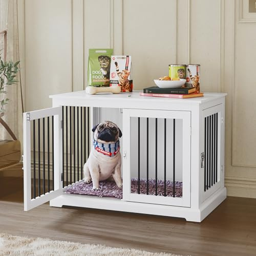 HOLTICO Medium Dog Crate Furniture with Cushion, Wooden Dog Cage, White